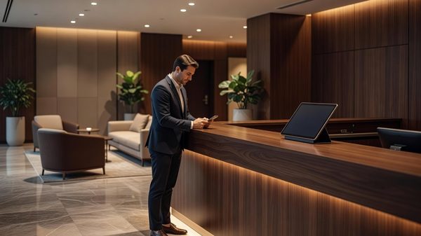 Guest checking in at a modern hotel front desk using a tablet, warm lobby lighting in the background