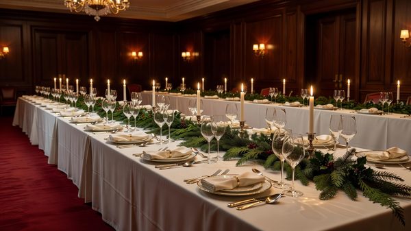 Long banquet table set for a corporate holiday dinner in a private dining room with candles and greenery