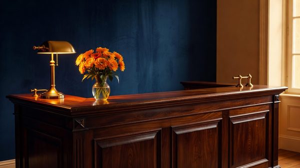 Guest being welcomed at a warmly lit hotel reception desk