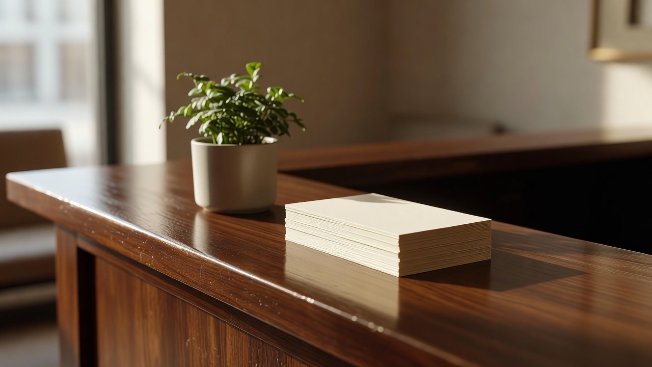 Hotel reception desk with a small potted plant and printed sustainability information card