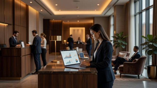 Hotel lobby with a guest checking in while a marketer reviews analytics on a laptop