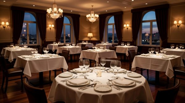 Elegant hotel restaurant dining room set for service with warm ambient lighting