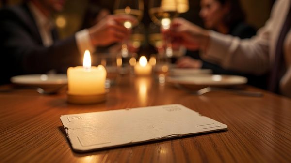 Loyalty rewards card on a restaurant table with guests in the background