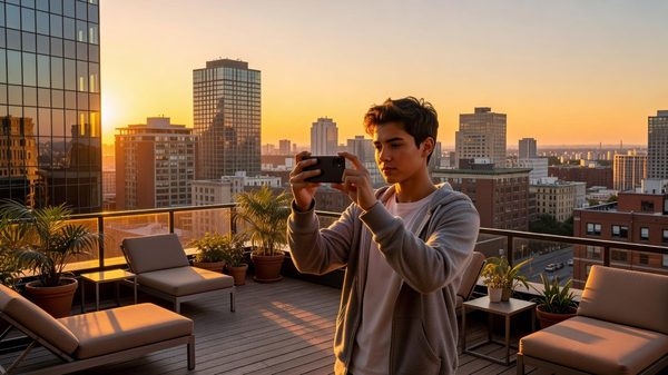 Hotel rooftop with a person filming content on a smartphone
