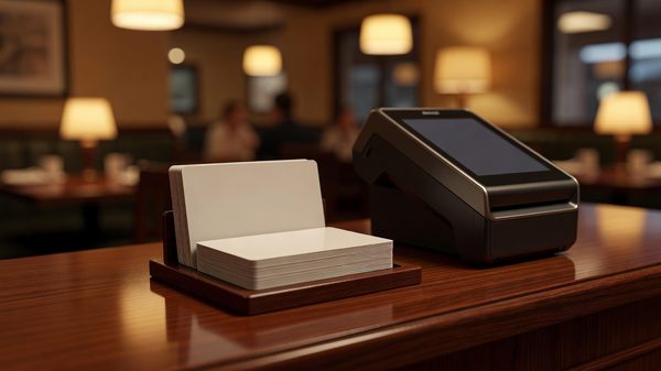 Stack of blank plastic gift cards on a restaurant host stand beside a payment terminal