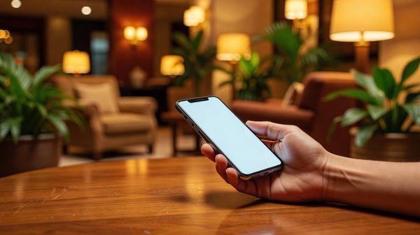 Smartphone held in hand showing a messaging app on a hotel lobby table