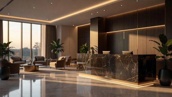 A hotel front desk at golden hour with a returning guest being greeted by staff