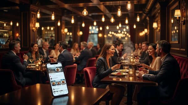 Busy restaurant interior with guests dining and warm ambient lighting